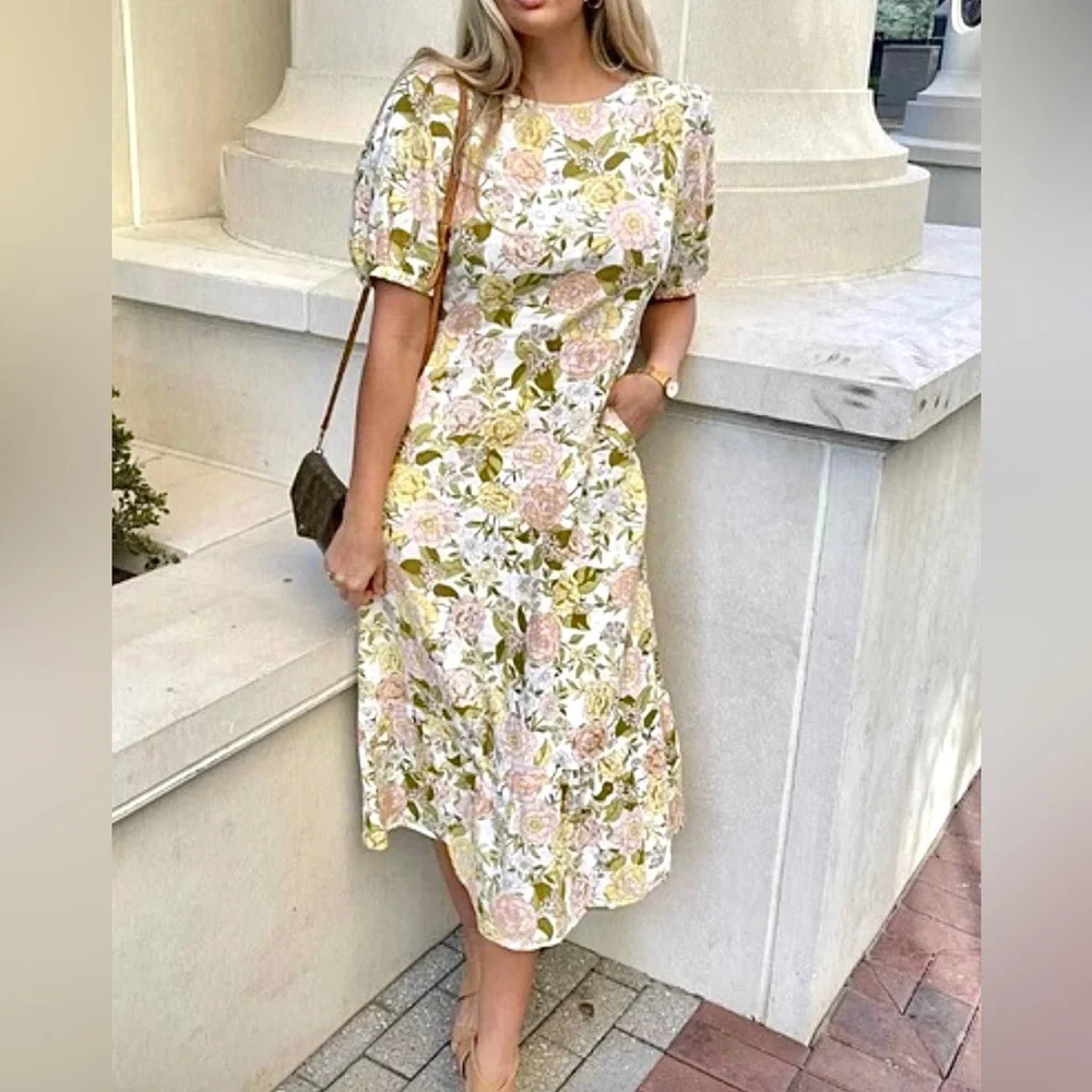 Last One Linen Floral Print Tie Back Midi Dress With Puff Sleeves & Side Pockets - Picture 2 of 11
